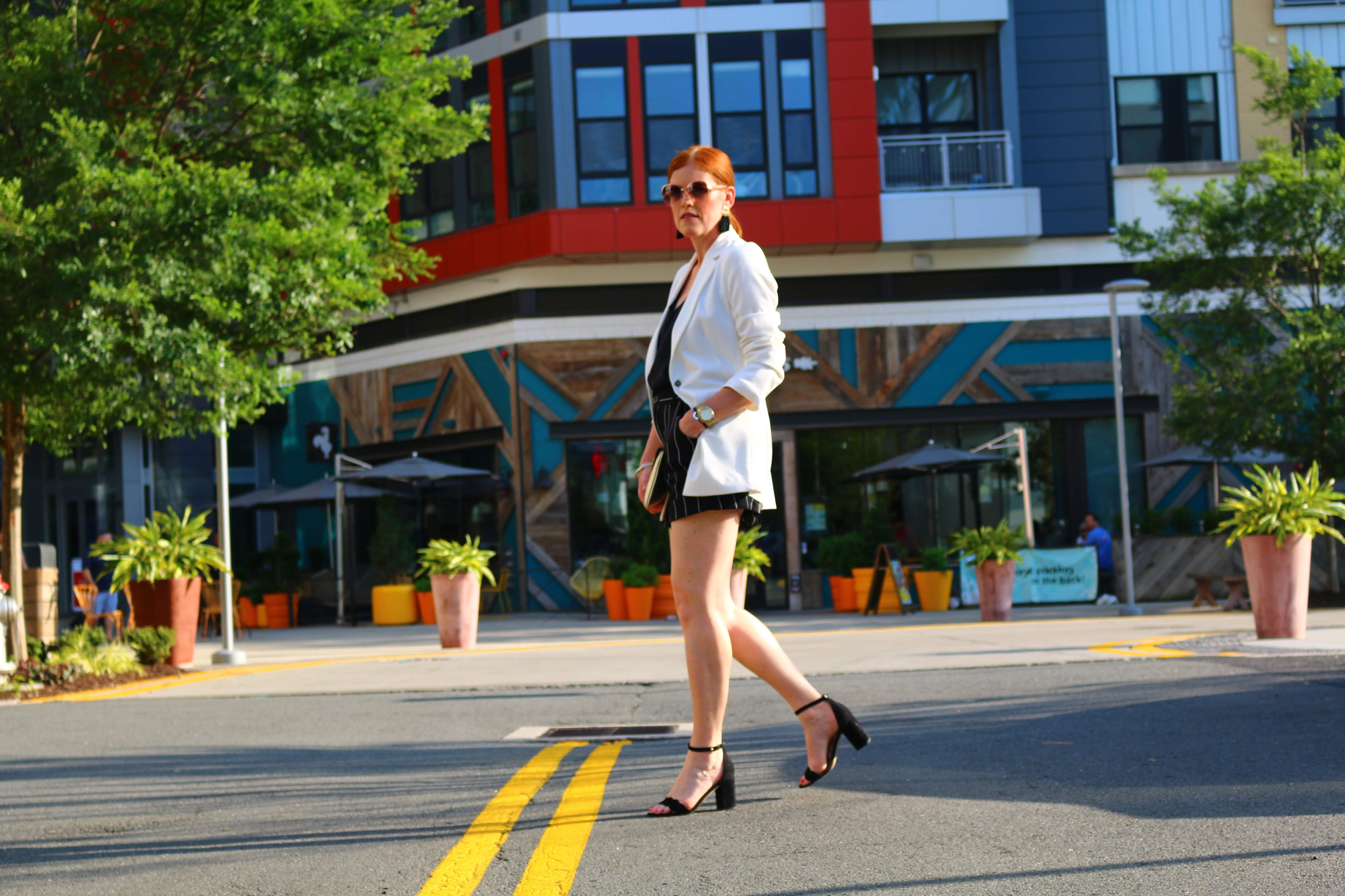 French Chic Striped Shorts & White Blazer Outfit
