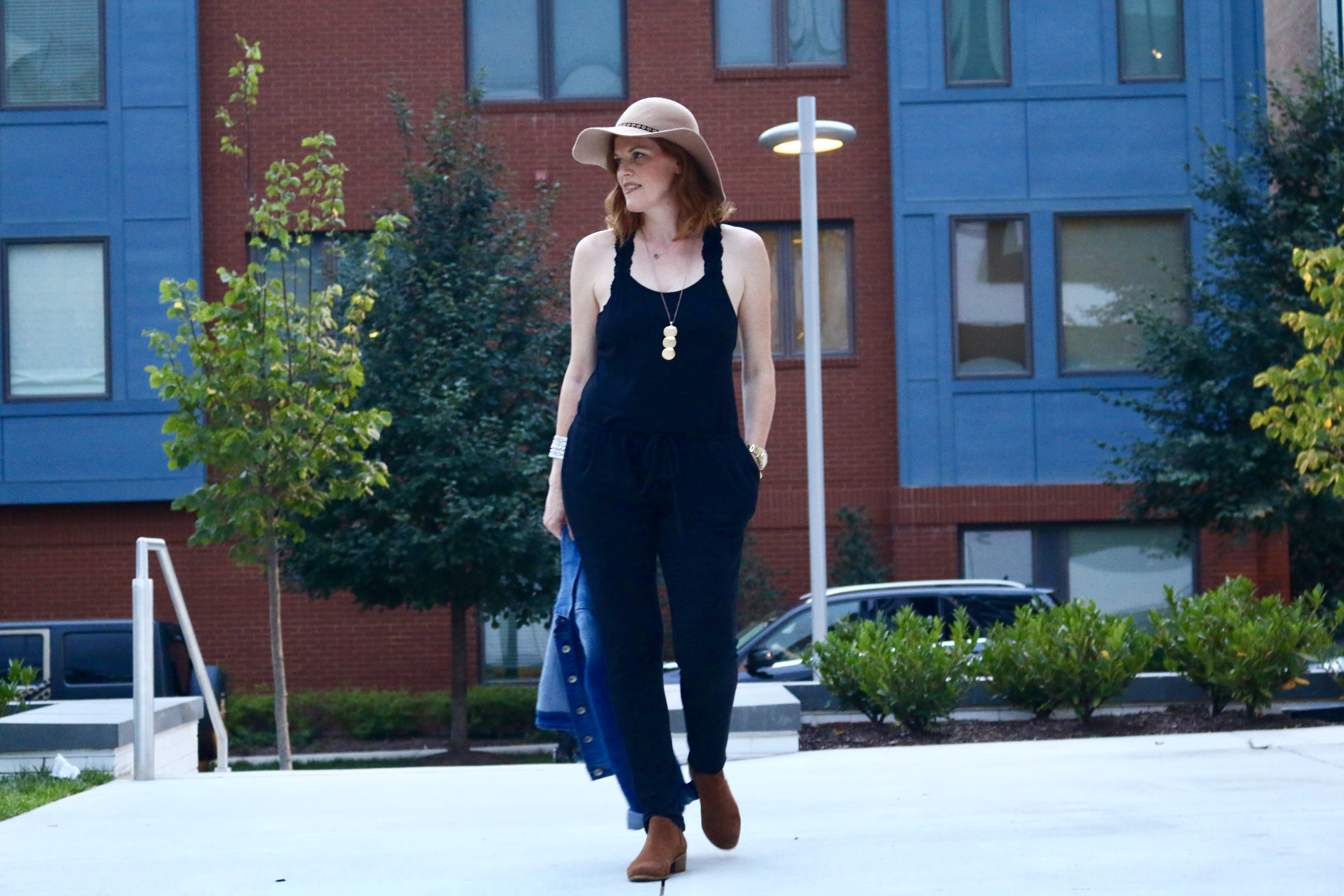 Transitioning to Fall with Chic Black Knit Jumpsuit