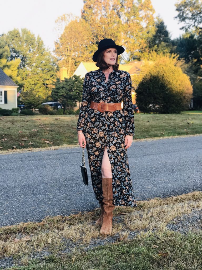 French Chic Romantic Look: Dark Floral Dress & Suede Boots