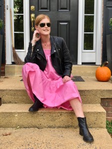 French Chic October Look: Pink Maxi Dress & Black Moto Leather Jacket