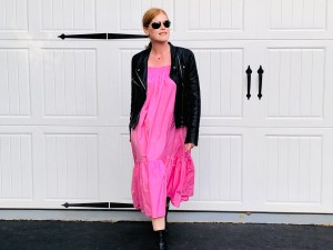 French Chic October Look: Pink Maxi Dress & Black Moto Leather Jacket